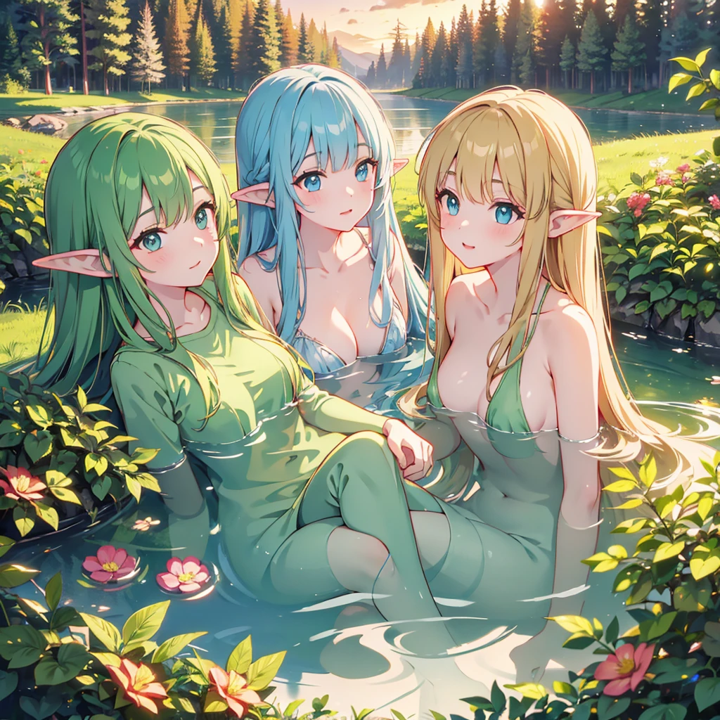 Beautiful elven women bathing and frolicking in a lake surrounded by greenery、sunset、Close-up