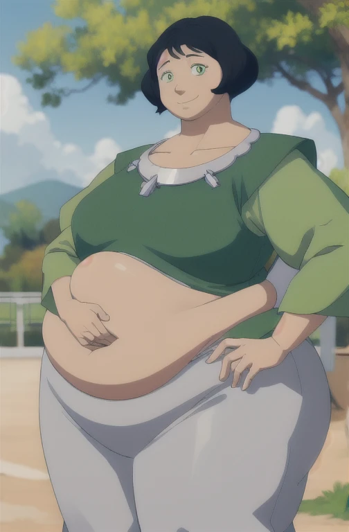 ((masterpiece,best quality)), absurdres, Opal Korra, smile, looking at viewer, hand on hip, cowboy shot, outdoors, collarbone, tree, SSBBW, gorda,Big ass