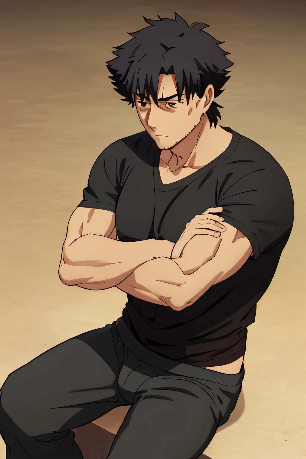 Kiritsugu is sitting and flexing his arms. He wears a black tshirt with short sleeves. His right sleeve is completely rolled up, so you can see his entire arm and shoulder. He wears black short boxershorts. You can see his thighs completely. He has a huge bulge. You can see his abs too. He is admiring his arms.