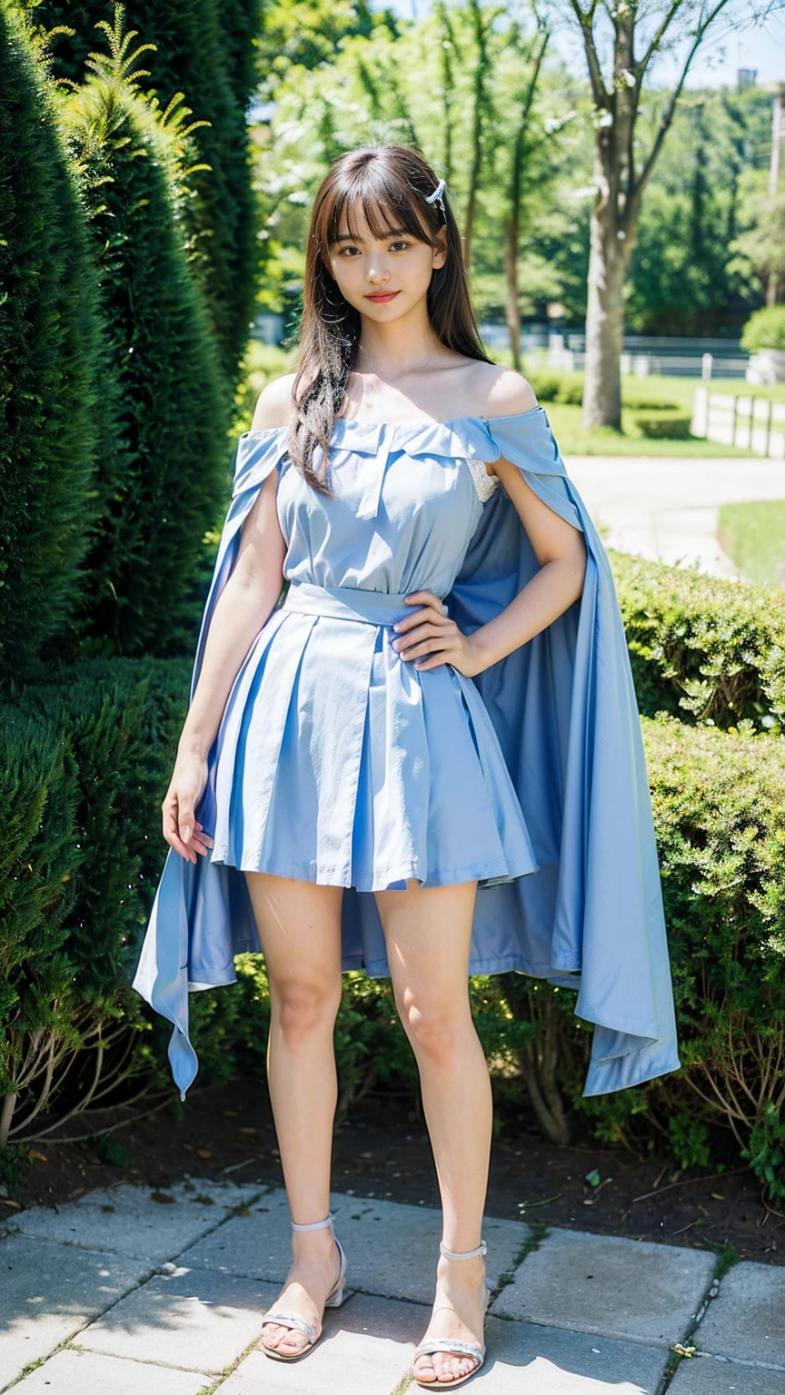 (8k、RAW Photos、Highest quality、masterpiece:1.2)、(Realistic、Realistic)、1 Girl、((Light blue and white dress、smile、mini skirt、Off the shoulder、Magical Girl Costumes、With ribbon、Exposed Skin、Medium Hair、whole body、Sandals、Cape、garden、View from the front、Looking at the camera、Stand with hands on hips))、cute