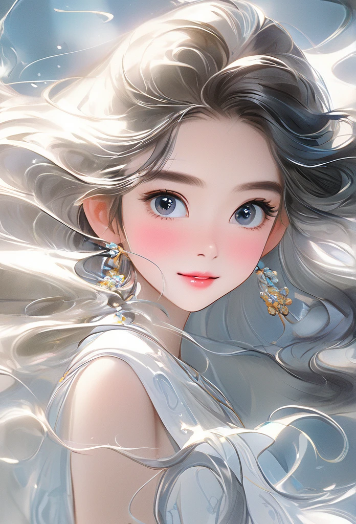 Chinese Girl, Sweet and charming girl, big eyes, illustration, Long hair, Weaving, Fluffy hair, front, Film Angle, Reflective hair, Big watery eyes, Watching you, details, facialoints, masterpiece, Best quality, Extremely refined, Dynamic Angle, Intricate details, Beautiful and delicate eyes, Delicate face, Exquisite facial featuentle lips, real, charming, Key Points, Clear lines, 8k high resolution, OK, Smile, Wearing a white dress, Stylish and beautiful, Depth of Field