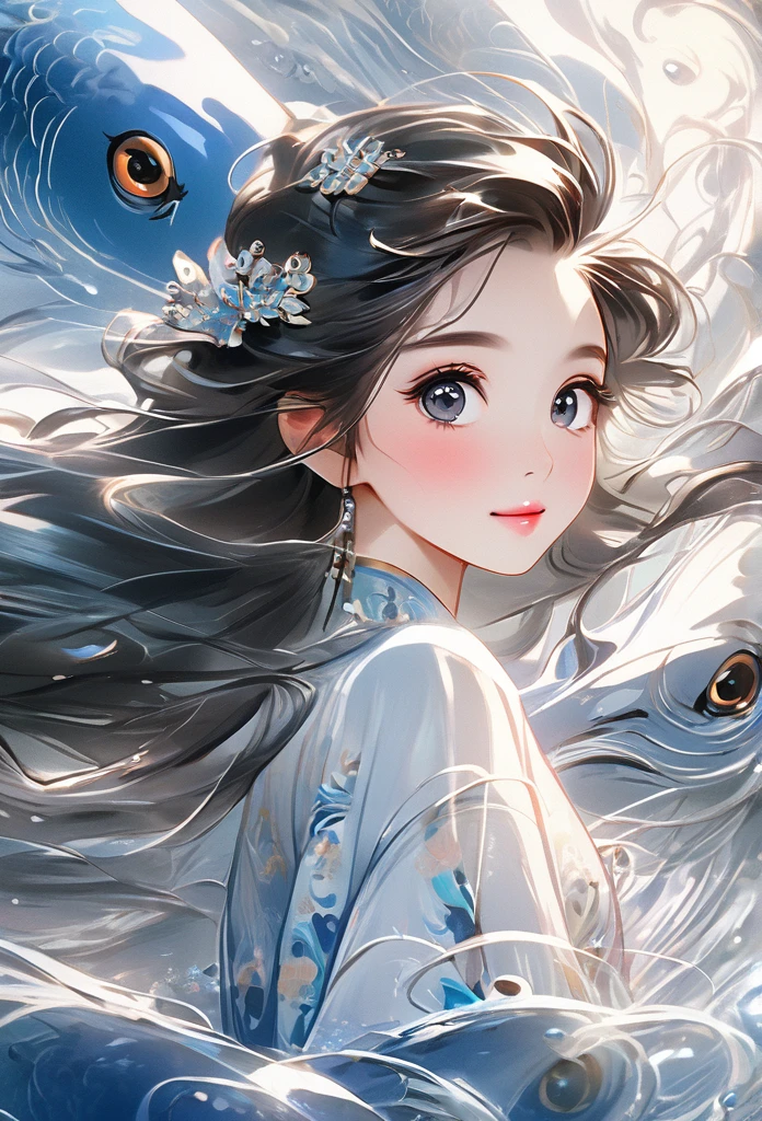 Chinese Girl, Sweet and charming girl, big eyes, illustration, Long hair, Weaving, Fluffy hair, front, Film Angle, Reflective hair, Big watery eyes, Watching you, Facial details, facial Key Points, masterpiece, Best quality, Extremely refined, Dynamic Angle, Intricate details, Beautiful and delicate eyes, Delicate face, Exquisite facial features, gentle lips, real, charming, Key Points, Clear lines, 8k high resolution, OK, Smile, Wearing a white dress, Stylish and beautiful, Depth of Field