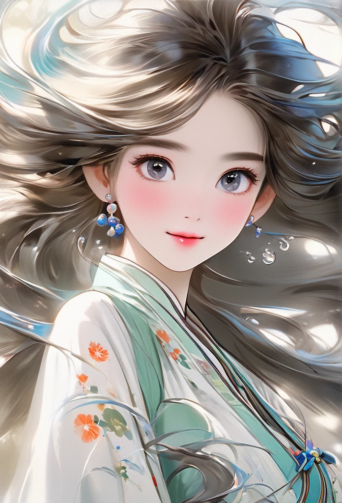 Chinese Girl, Sweet and charming girl, big eyes, illustration, Long hair, Weaving, Fluffy hair, front, Film Angle, Reflective hair, Big watery eyes, Watching you, Facial details, facial Key Points, masterpiece, Best quality, Extremely refined, Dynamic Angle, Intricate details, Beautiful and delicate eyes, Delicate face, Exquisite facial features, gentle lips, real, charming, Key Points, Clear lines, 8k high resolution, OK, Smile, Wearing a white dress, Stylish and beautiful, Depth of Field