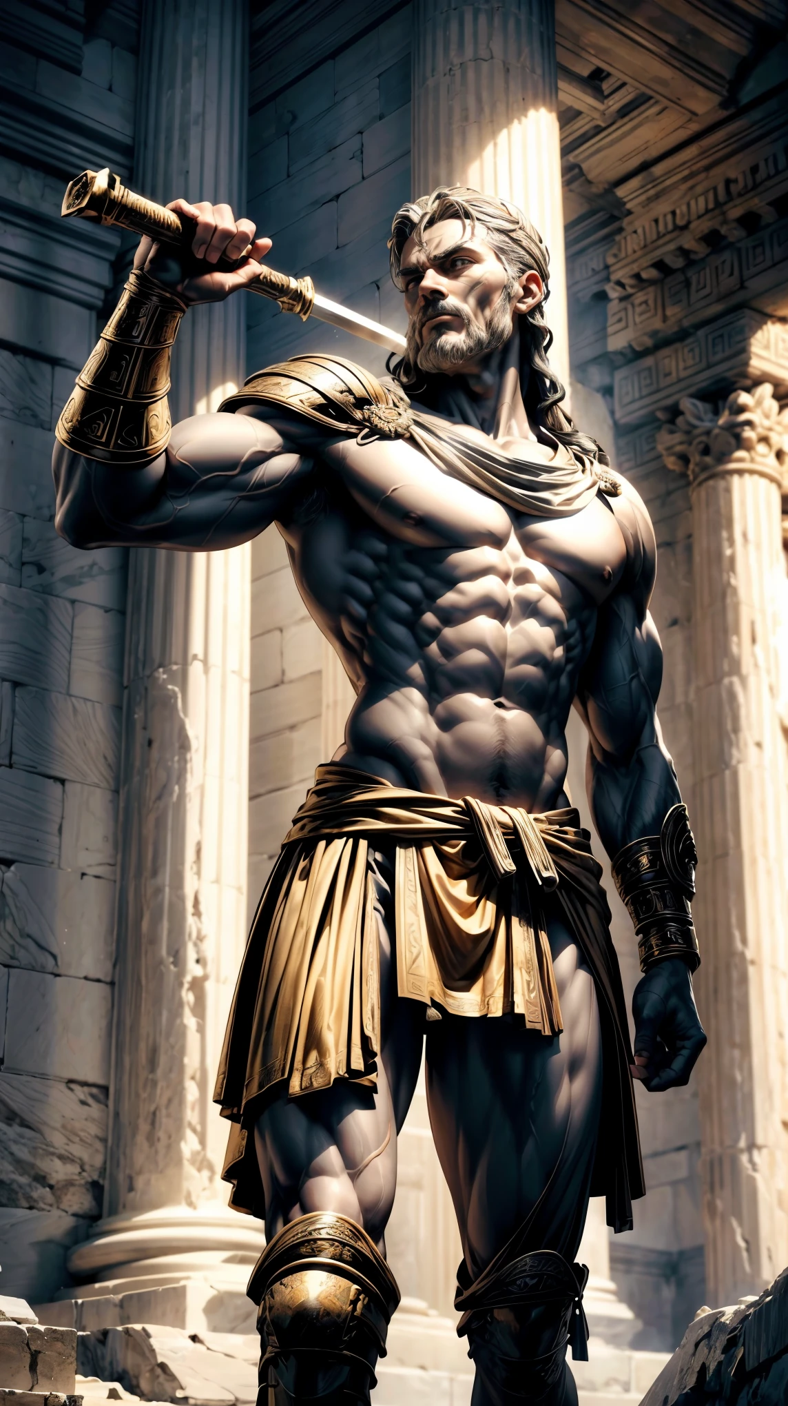 a detailed sculpture of an ancient greek warrior carved into the wall of an ancient greek ruin, (best quality,4k,8k,highres,masterpiece:1.2),ultra-detailed,(realistic,photorealistic,photo-realistic:1.37),extremely detailed sculpture,highly intricate carving,ancient greek architecture,crumbling stone walls,dramatic lighting,chiaroscuro lighting,warm color palette,muted earth tones,muscular male figure,heroic pose,detailed facial features,intense expression,ancient greek armor,ancient greek weapons,ancient greek culture