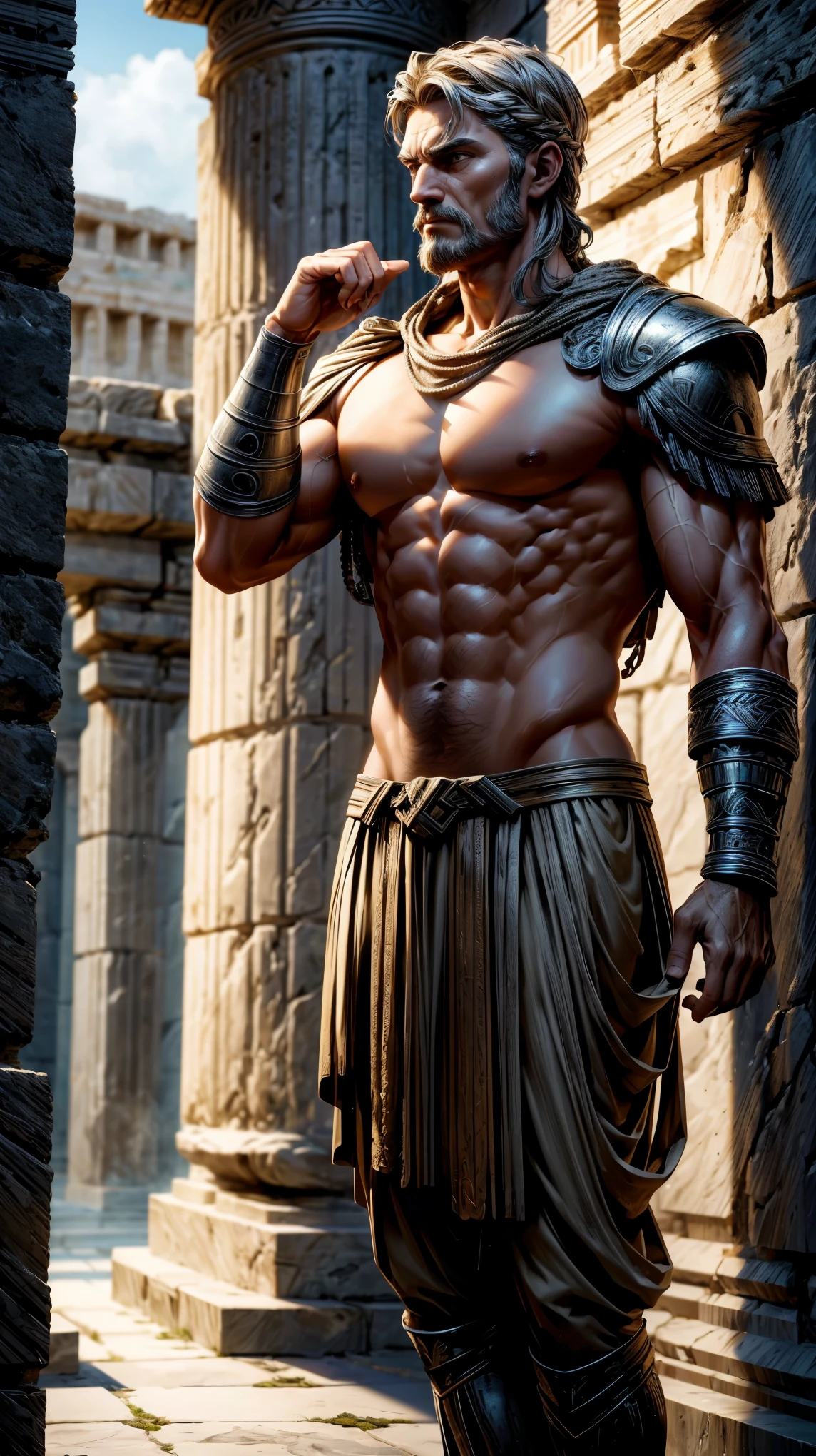 a detailed sculpture of an ancient greek warrior carved into the wall of an ancient greek ruin, (best quality,4k,8k,highres,masterpiece:1.2),ultra-detailed,(realistic,photorealistic,photo-realistic:1.37),extremely detailed sculpture,highly intricate carving,ancient greek architecture,crumbling stone walls,dramatic lighting,chiaroscuro lighting,warm color palette,muted earth tones,muscular male figure,heroic pose,detailed facial features,intense expression,ancient greek armor,ancient greek weapons,ancient greek culture