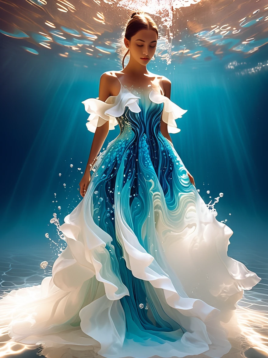 A girl,Wearing a gorgeous outfit made of water,Exquisite dress,Elegant water dress,Gorgeous and elegant,Luxurious clothing,Inspired by Hedi Xandt's design style,Her attire includes intricate clothing,ornate royal robes,Fine clothing and robes,and dresses with delicate and elegant details,She stepped on high heels,Dressed in royal style,Her hands have finely detailed finger drawings,(((The fire burned in her body,Also dancing on the skirt,The fire element gave her a winged form))),(Covered with transparent fabric,It's a masterpiece, The highest quality artistic presentation:1.2),(8K resolution high-definition RAW photos,a realistic style,Photorealistic:1.3),(Skin texture is extremely detailed, The fabric texture is exquisite, Realistic flame effects, Beautiful and delicate face:1.25),Professional lighting arrangement,Photon Mapping Technology,Soft and beautiful light processing,Radiometric calculation method,High-end shooting techniques such as physically based realistic rendering and ray tracing technology are used in it,Model-like shooting style,(Extremely fine CG unified 8K wallpaper),Full-length photo shows one of the most beautiful works of art in the world