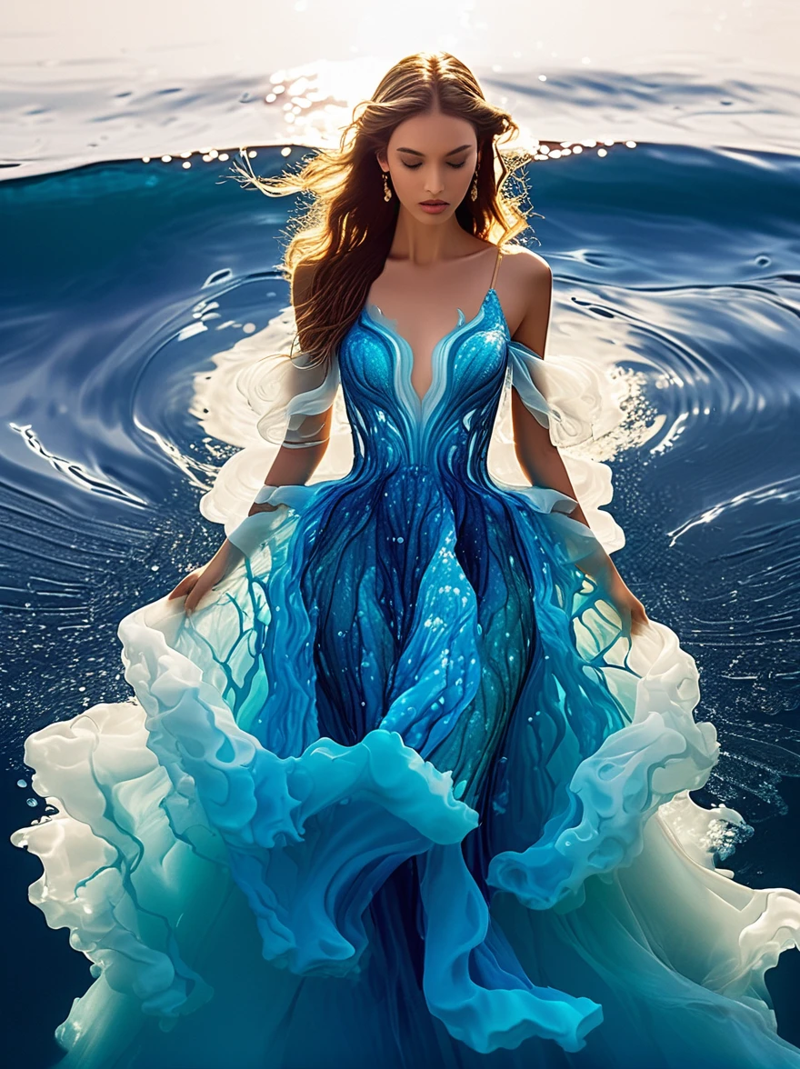 A girl,Wearing a gorgeous outfit made of water,Exquisite dress,Elegant water dress,Gorgeous and elegant,Luxurious clothing,Inspired by Hedi Xandt's design style,Her attire includes intricate clothing,ornate royal robes,Fine clothing and robes,and dresses with delicate and elegant details,She stepped on high heels,Dressed in royal style,Her hands have finely detailed finger drawings,(((The fire burned in her body,Also dancing on the skirt,The fire element gave her a winged form))),(Covered with transparent fabric,It's a masterpiece, The highest quality artistic presentation:1.2),(8K resolution high-definition RAW photos,a realistic style,Photorealistic:1.3),(Skin texture is extremely detailed, The fabric texture is exquisite, Realistic flame effects, Beautiful and delicate face:1.25),Professional lighting arrangement,Photon Mapping Technology,Soft and beautiful light processing,Radiometric calculation method,High-end shooting techniques such as physically based realistic rendering and ray tracing technology are used in it,Model-like shooting style,(Extremely fine CG unified 8K wallpaper),Full-length photo shows one of the most beautiful works of art in the world