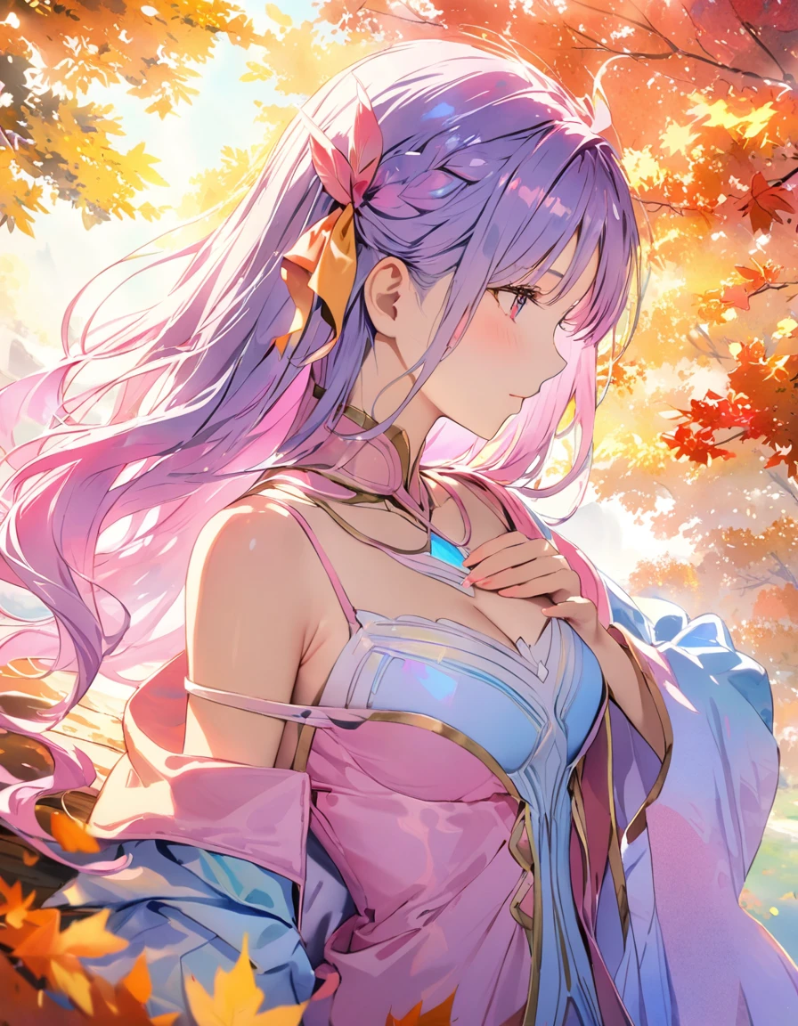 (8K, Highest quality, masterpiece:1.2),(Highest quality:1.0), (Ultra-high resolution:1.0), watercolor, Beautiful woman, shoulder, Hair Ribbon, Agnes Cecil, Half Body Portrait, Very bright and luminous design, pastel colour, (ink:1.3), Autumn Light,