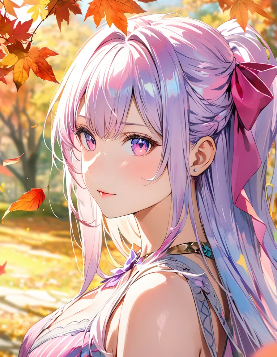 (8K, Highest quality, masterpiece:1.2),(Highest quality:1.0), (Ultra-high resolution:1.0), watercolor, Beautiful woman, shoulder, Hair Ribbon, Agnes Cecil, Half Body Portrait, Very bright and luminous design, pastel colour, (ink:1.3), Autumn Light,