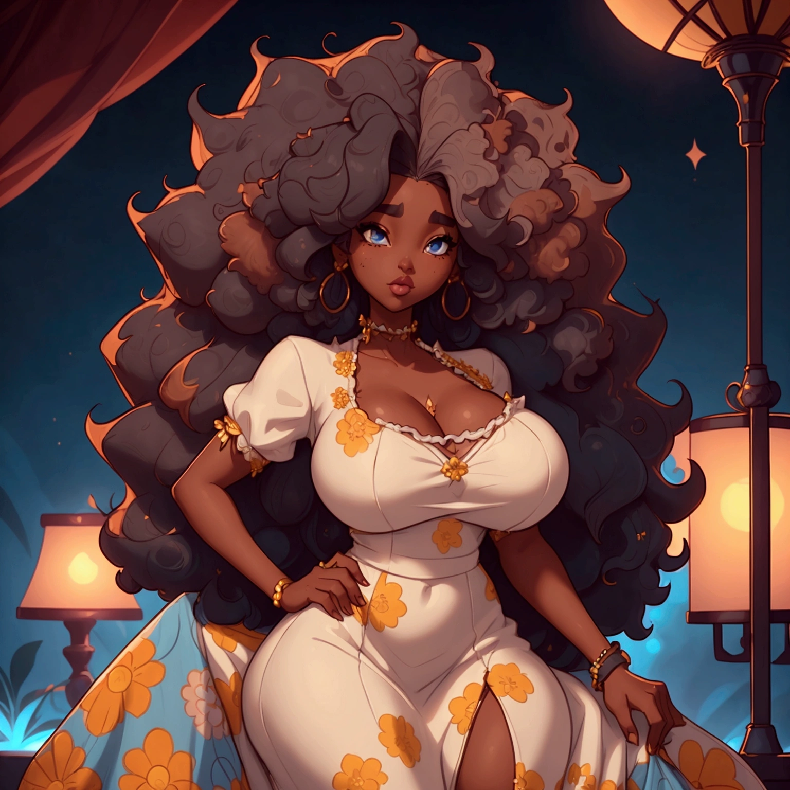 a portrait of a sexy ebony skinned female with long puffy curyl afro hair, wearing a floral dress, classy, alluring, soft looking, blue eyes