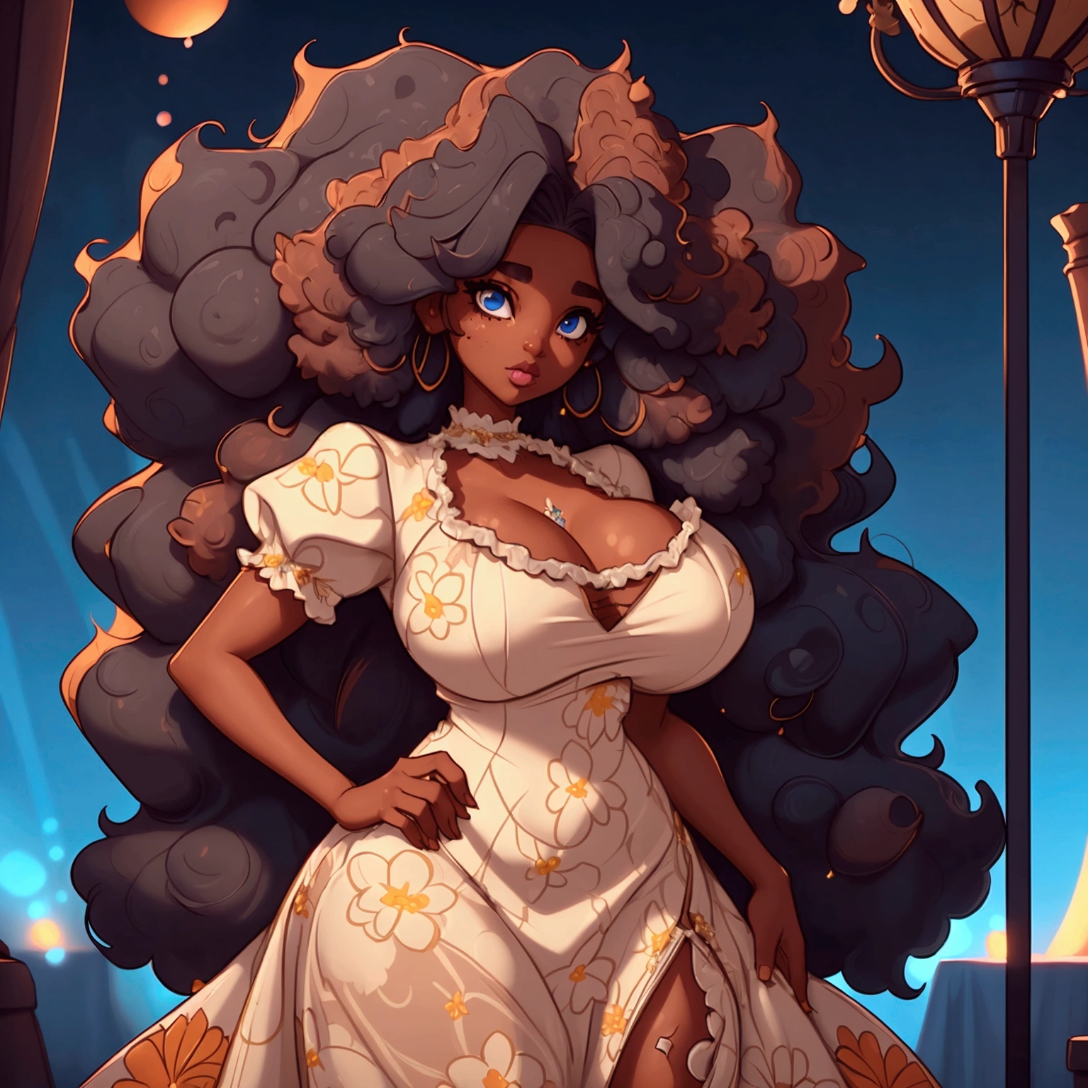 a portrait of a sexy ebony skinned female with long puffy curyl afro hair, wearing a floral dress, classy, alluring, soft looking, blue eyes