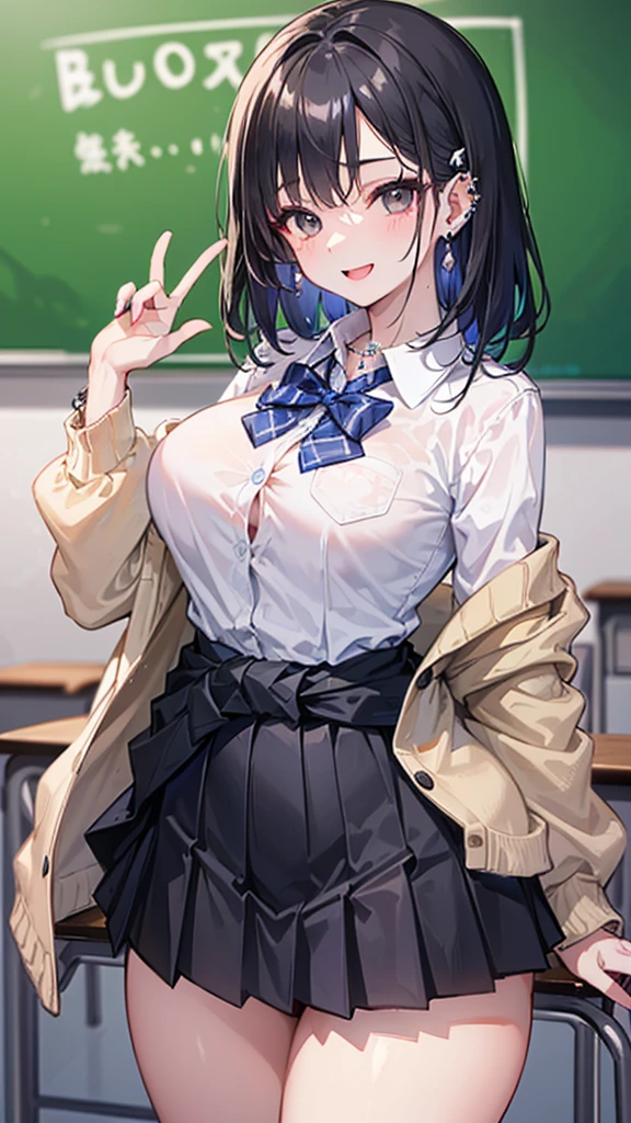 (masterpiece、best quality、Very detailed))、A girl、promote、Black Hair、Medium Length Hair、Gray eyes、Smile、((open mouth))、((A lot of piercings))、((Large Breasts))、((White collared shirt))、Deleted button、A bow tie、((Black pleated skirt))、((mini skirt))、Cardigan around waist、((Thick waist))、thigh、Cowboy shooting、Classroom Background
