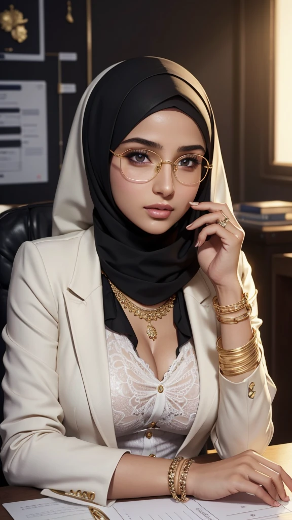 a beautiful hijabi glasses girl, , detailed face, expressive eyes, luscious lips, shy expression, voluptuous figure, wearing a sexy white blazer, golden bangles, bracelets, necklaces, swiss golden watch, teaching, write on the whiteboard, classes, dramatic lighting, cinematic, color graded, award winning, elegant, feminine, intricate details, luxurious, high fashion, glamorous, alluring, hyper detailed, ultra-realistic, 8k, photorealistic