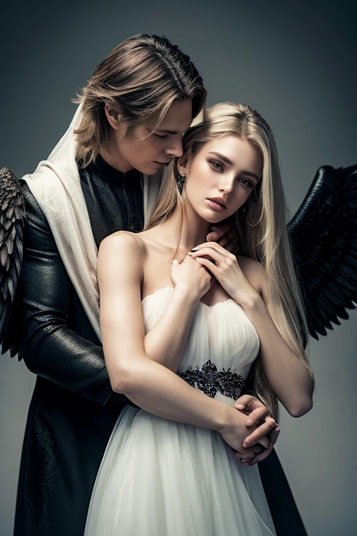 A dramatic, dark fantasy portrait of a male angel with tattered, black wings embracing a woman in a flowing white dress. The woman is a russian, has long, dark blonde hair and a serene expression, while the black-winged angel has sharp facial features, with short mullet hairstyle, and muscular. The scene is set in a dark, ethereal realm with hints of a burned city in the background.