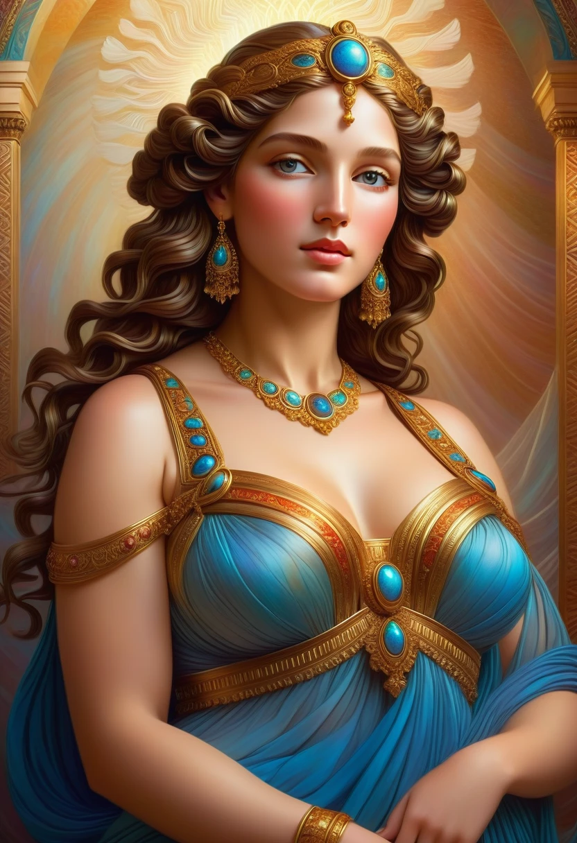 a beautiful detailed goddess, highly detailed hyperrealistic 2D digital art, inspired by ancient greek sculpture of the venus de milo, elegant flowing dress, graceful pose, serene expression, dramatic lighting, ornate details, intricate patterns, vibrant colors, glowing skin, luxurious jewelry, volumetric lighting, photorealistic, 8k, high resolution, masterpiece