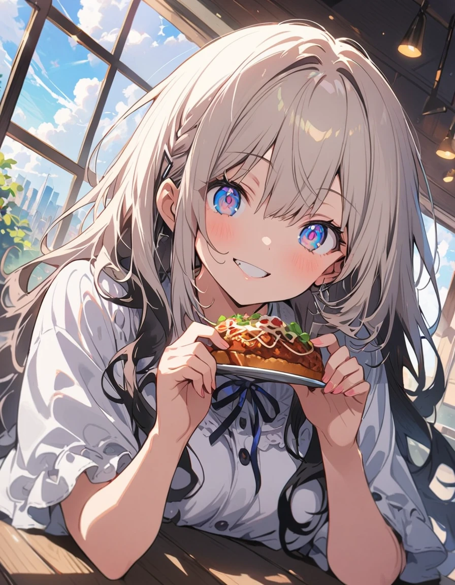 (1 girl)、(Eating spaghetti Napolitana skillfully using a fork)、(Extremely detailed Neapolitan)、Inside the cafe at noon、Smiling、(highest quality、masterpiece、High resolution、detailed)、animeスタイル、Flat Style、(iridescent eyes,Beautiful Face),extremely detailed、floating, (High saturation), Sunshine from the window, (Shine), Focus on the face, Dynamic Angle、anime