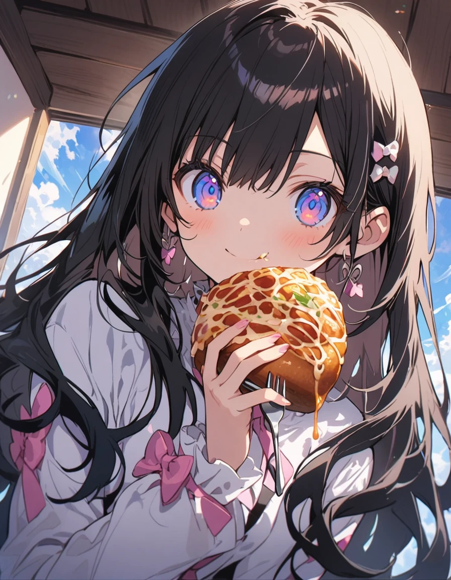 (1 girl)、(Eating spaghetti Napolitana skillfully using a fork)、(Extremely detailed Neapolitan)、Inside the cafe at noon、Smiling、(highest quality、masterpiece、High resolution、detailed)、animeスタイル、Flat Style、(iridescent eyes,Beautiful Face),extremely detailed、floating, (High saturation), Sunshine from the window, (Shine), Focus on the face, Dynamic Angle、anime