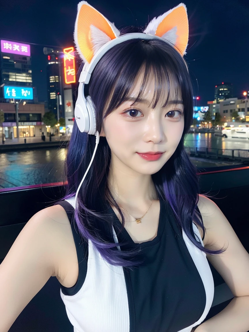 最high quality, masterpiece, 32K、Very detailed、Realistic、1 girl, Japanese women、Cute Face, (photo Actual:1.3),Bob Hair(Blue-violet hair color、Amazing blue and purple hairstyles)、Edge lighting, (Skin with attention to detail:1.2), 8k超High resolution, Single-lens reflex camera, high quality, High resolution, 4K, 8k, Optimal ratio of four fingers to one thumb, (Actual:1.3), cute 1 girl, Realistic、Super Realistic、32K、Very detailed、masterpiece, 最high quality, beautiful girl, beauty、Mecha, Beautiful lighting, (Neon Light:1.2), (night:1.5), K-Pop Idol Costumes、Sleeveless outfit、White-based houndstooth pattern sleeveless top、Jersey fabric shorts、Large Breasts(big 、There is a valley)、Large Breasts(Big Tits、H Cup)、Bursting 、Sleeveless tops that reveal cleavage、Cat ears microphone headphones(Headphones Gaming Headgear with Mic、Head Fan)、Are standing、Cyber Neon、Future City、Skyscraper、都会のnight、Shanghai、big cities、night景、綺麗なnight景