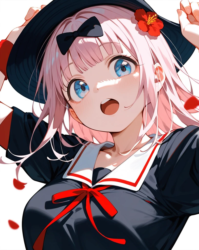 masterpiece,best quality,shuuchiin academy ,1girl,fujiwara chika,solo,summer uniform,black bow,open mouth,looking at viewer,red ribbon,short sleeves,:d,black dress,collarbone,white background,upper body,neck ribbon,flower,arm up,medium breasts,