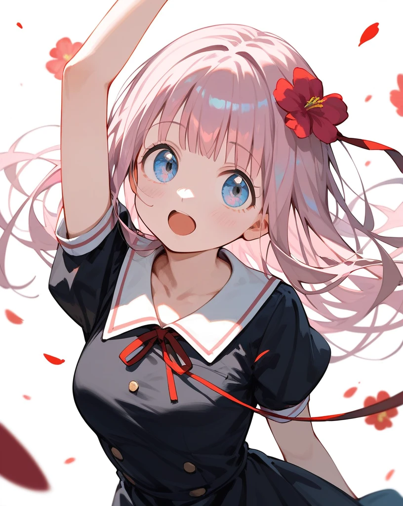 masterpiece,best quality,shuuchiin academy ,1girl,fujiwara chika,solo,summer uniform,black bow,open mouth,looking at viewer,red ribbon,short sleeves,:d,black dress,collarbone,white background,upper body,neck ribbon,flower,arm up,medium breasts,