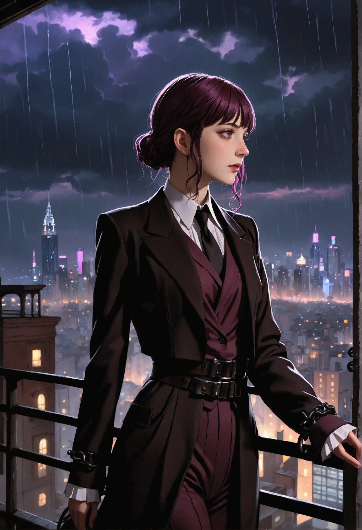 (1 girl), masterpiece, photopractical, 8k, (practical: 1.2), whole body, Looking at the audience, shackles, purple hair, double tail, (Kafka: 1.2), walk, beauty, (medium breasts: 1.2) evening, evening sky, city, cityscape, rain, (dramatic: 1.2)