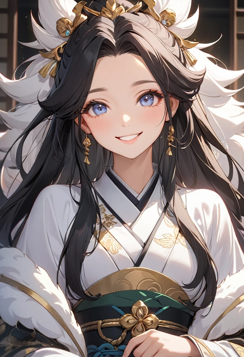 ( best quality:1.2), 1 Girl only, forehead,Solitary, Skin details, Beautiful facial features, fluffy dark long hair,Exquisite makeup, Exquisite eyes, Eye detail,she is 20 years old,(((big smiling))),The Tale of Genji