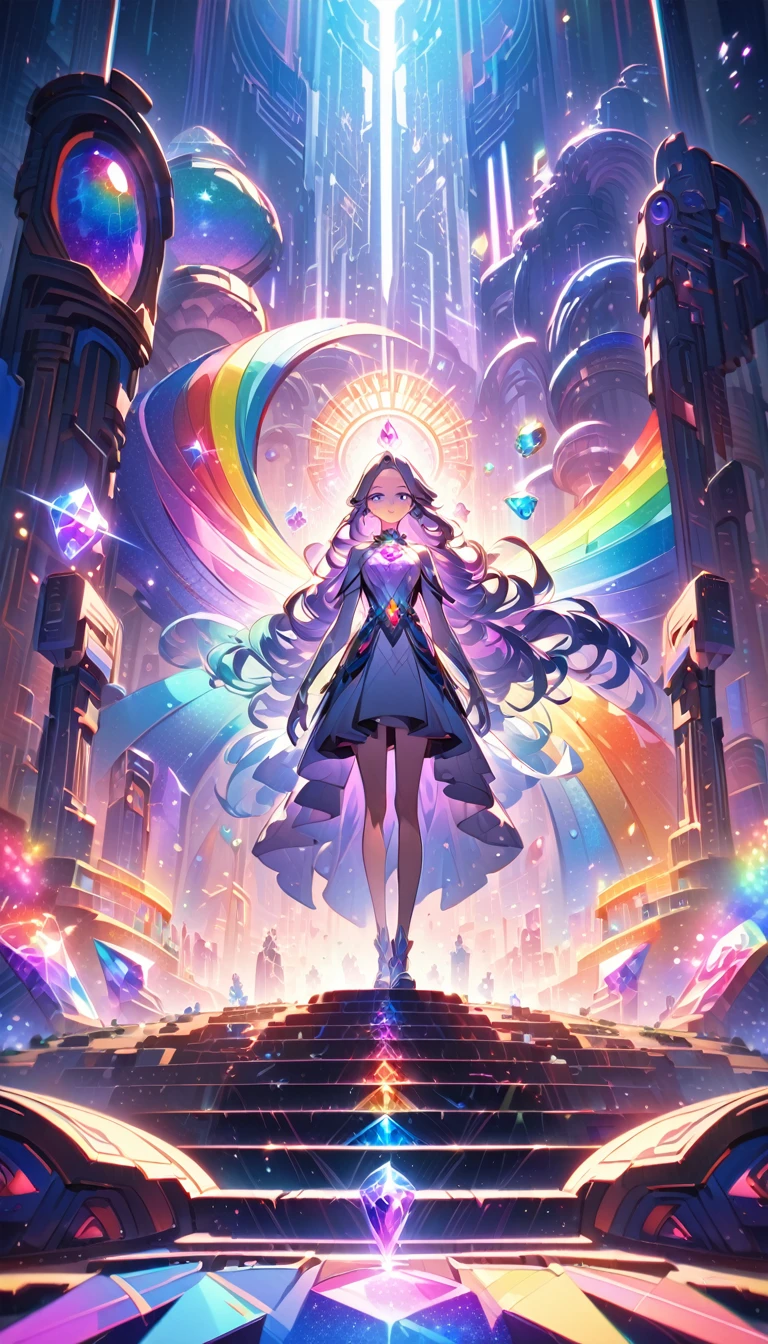 Solitary, young people,Rainbow Quartz from Steven Universe noble and intimidating yet kind picture:future, Very detailed, Extremely detailed face and eyes, Flawless skin, Graceful, Flowing long hair, Intricate details, Ethereal Light, glowing gem, Dramatic Lighting, movie environment, Vibrant colors, Jewel Toned color pallete, The art of math, Octane Rendering, high quality, 8K, masterpiece