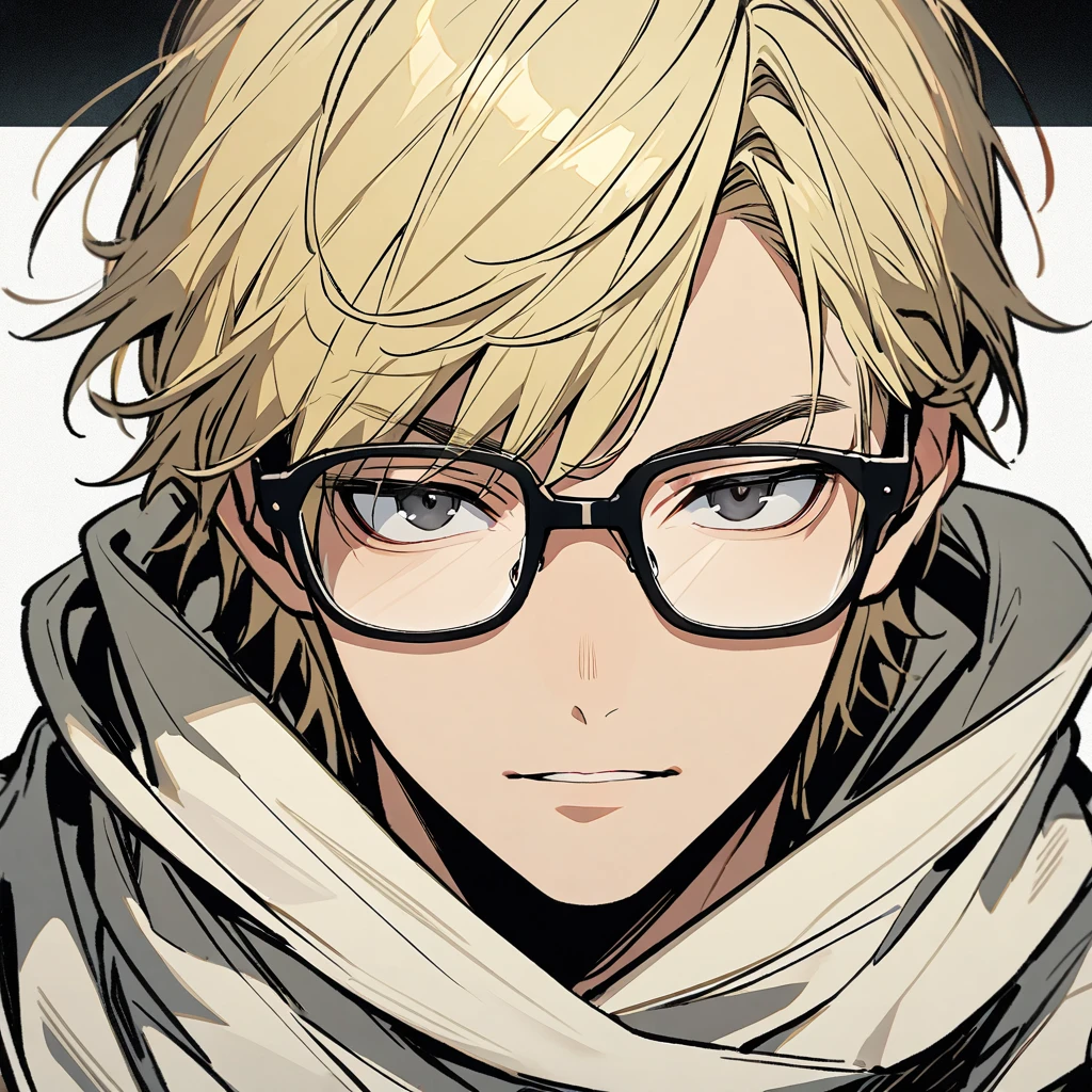 male, solo, handsome, blond hair, high detail, black eyes, wearing scarf, glasses, main face, front face