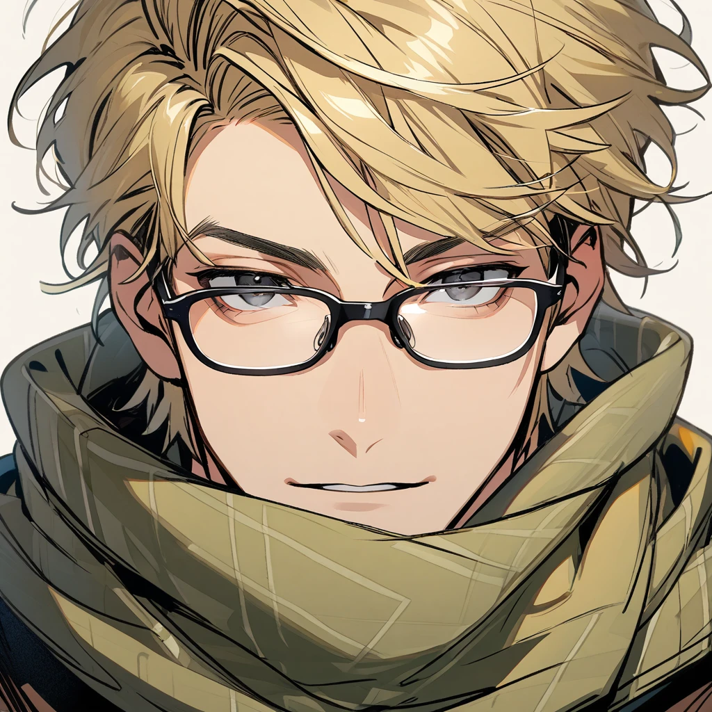 male, solo, handsome, blond hair, high detail, black eyes, wearing scarf, glasses, main face, front face
