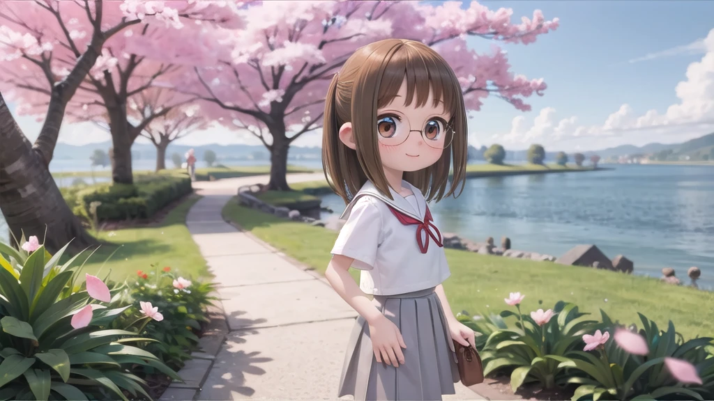 (masterpiece),  Outdoor,  cherry blossoms,  petal,  sunlight,  lake,  One Girl,  blush,  smile,  Medium Hair,  Sailor suit,Long skirt, Overgrown, petal, plant、Skirt lining、White slip、nostalgic、pantyhose（gray）、You can see the sea in the distance, Crotch close-up