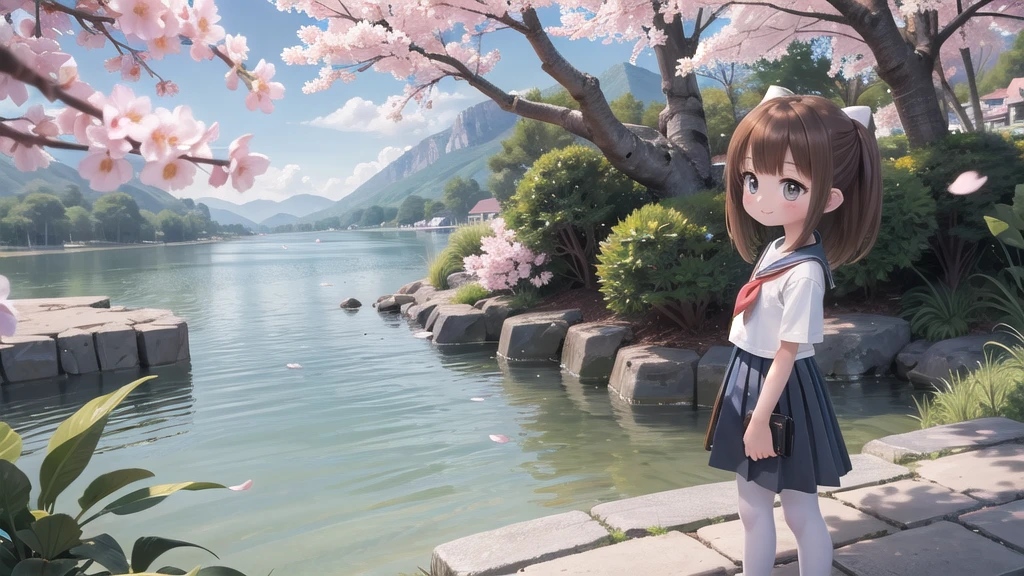 (masterpiece),  Outdoor,  cherry blossoms,  petal,  sunlight,  lake,  One Girl,  blush,  smile,  Medium Hair,  Sailor suit,Long skirt, Overgrown, petal, plant、Skirt lining、White slip、nostalgic、pantyhose（gray）、You can see the sea in the distance, Crotch close-up