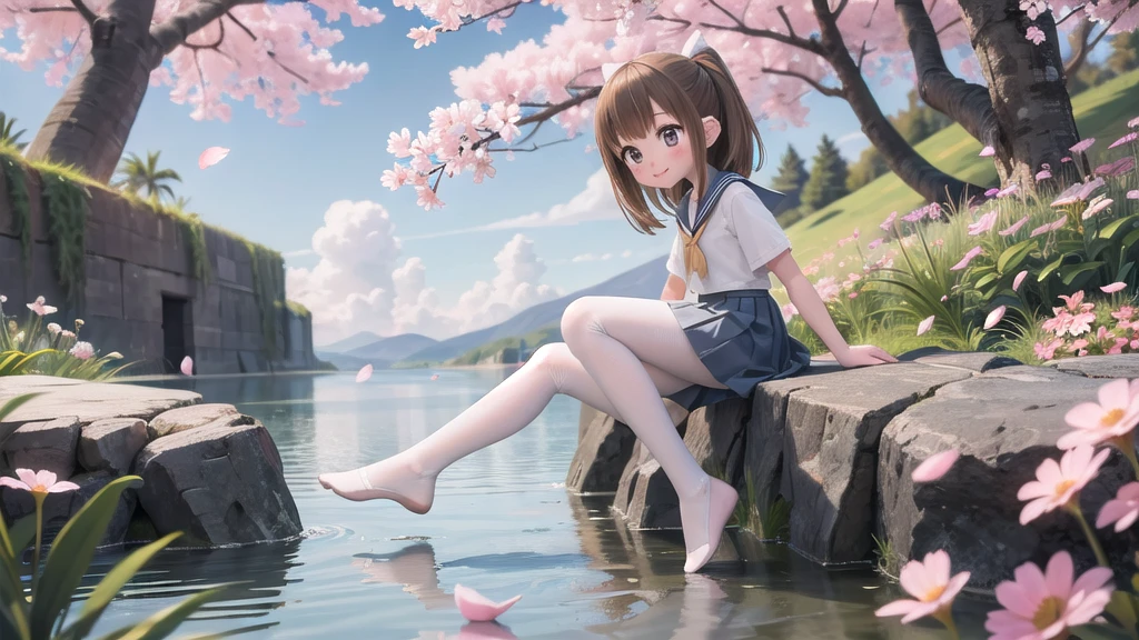 (masterpiece),  Outdoor,  cherry blossoms,  petal,  sunlight,  lake,  One Girl,  blush,  smile,  Medium Hair,  Sailor suit,Long skirt, Overgrown, petal, plant、Skirt lining、White slip、nostalgic、pantyhose（gray）、You can see the sea in the distance, Crotch close-up