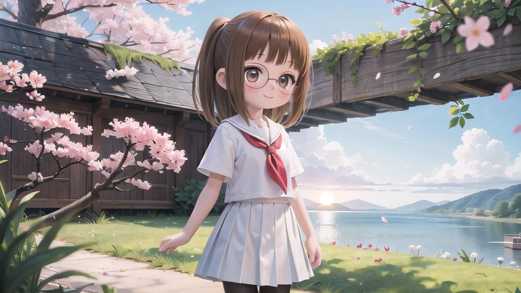 (masterpiece),  Outdoor,  cherry blossoms,  petal,  sunlight,  lake,  One Girl,  blush,  smile,  Medium Hair,  Sailor suit,Long skirt, Overgrown, petal, plant、Skirt lining、White slip、nostalgic、pantyhose（gray）、You can see the sea in the distance, Crotch close-up