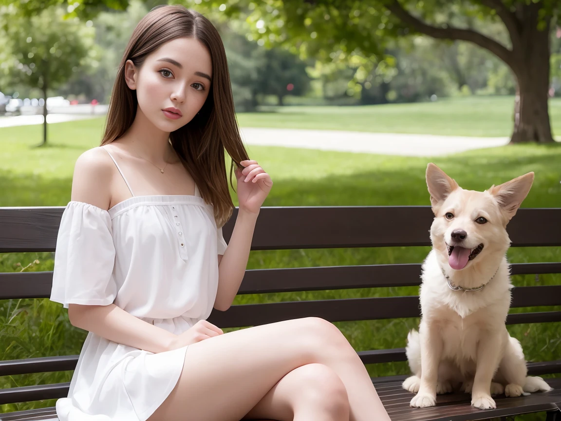 Alafed woman sitting on park bench with dog,Short Bob Portrait Sophie Mudd, Dilraba Dilmurat, A lovely and delicate face, 2 4-year-old female model, Beautiful and delicate face, Soft and perfect white skin, Very cute face, Anna Nikonova、Also known as New Milky, Bella Porch, Soft Portrait Shot 8k, Kylie Mandel