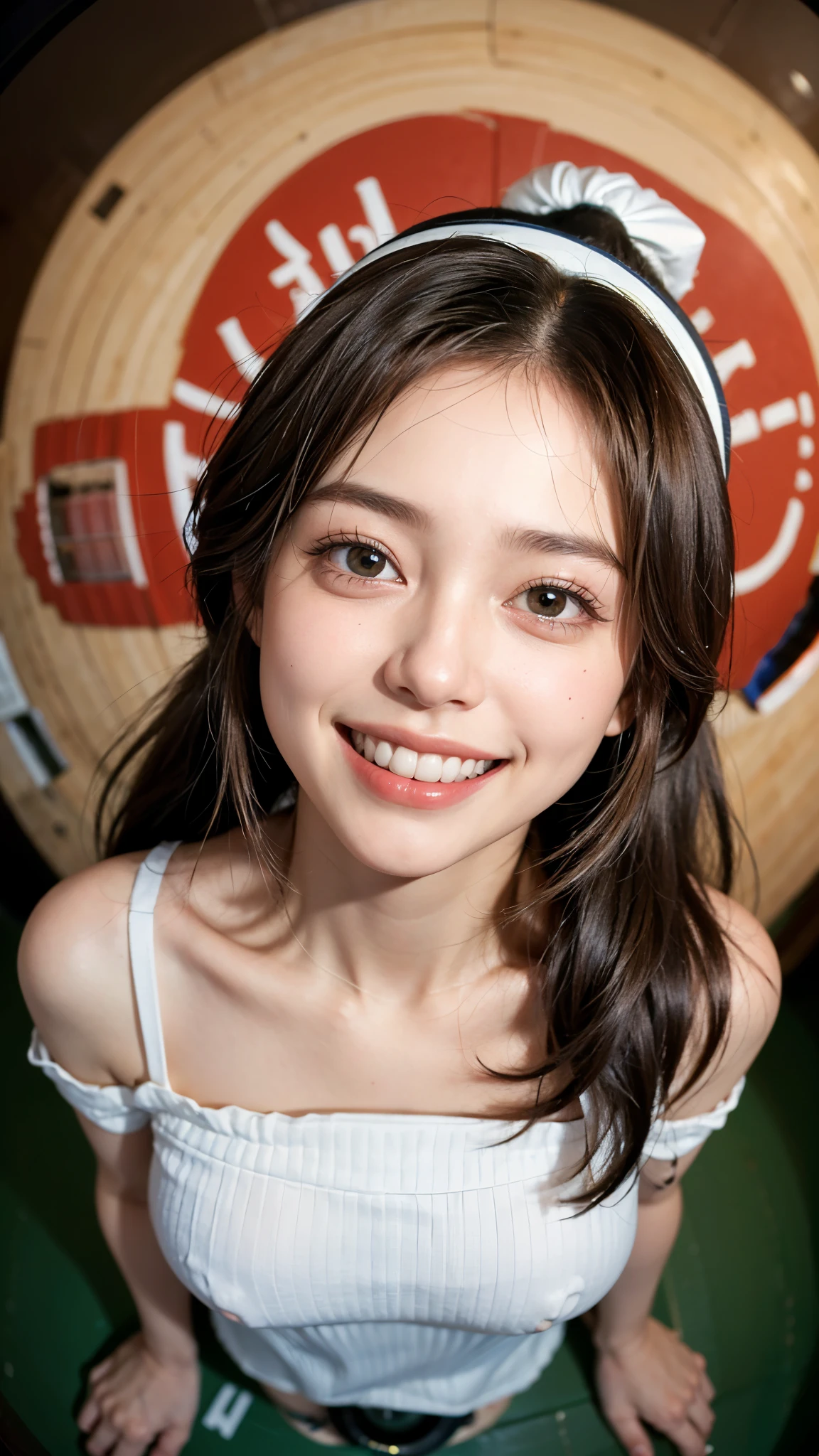 Highest quality, masterpiece, Ultra-high resolution,8k, (Realistic:1.6), ((I'm showing my teeth and smiling:1.6)),(Close-up portrait:1.4) RAW Photos,((Omotesando Station))、 ((Off-the-shoulder baseball shirt,Pleated mini skirt)),((Soft looking breasts,Nipples seem to be visible)),((Full body photo)),1 person,A slim 26-year-old adult woman,((Ponytail and cap)),((NEWERA Cap)),((Looking up at the audience)),Face Focus:1.4,((Photographed from above with a fisheye lens:1.4)),