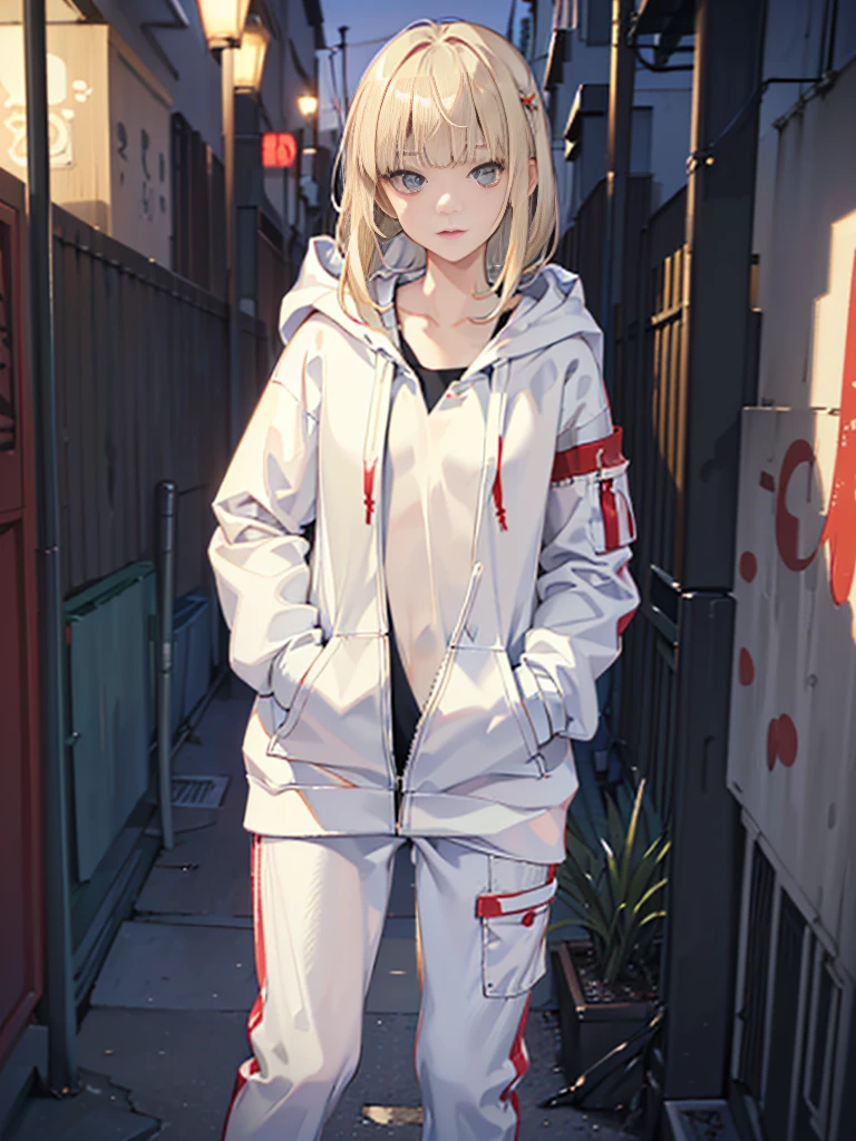 RAW Photos, 8k, (Highest quality), Realistic, (live-action, Intricate details), (Natural skin texture, Detailed skin, Hyperrealism, Sharpness), (Japanese teen girl in a dirty back alley at night, Put your hands in your pockets, graffitied wall:1.3), ((White hoodie, No sleeve, White jersey pants)), (Flat Chest:1.3, Pale skin:1.2, Slender body), ((Blonde Straight Hair, Blunt bangs)), (Fascinating face, Provocative look, Lips parted:1.3, Sagging under the eyes:1.2, Red thick lips), graffiti:1.5, at night, Upper Body Shot、In a completely different expression。