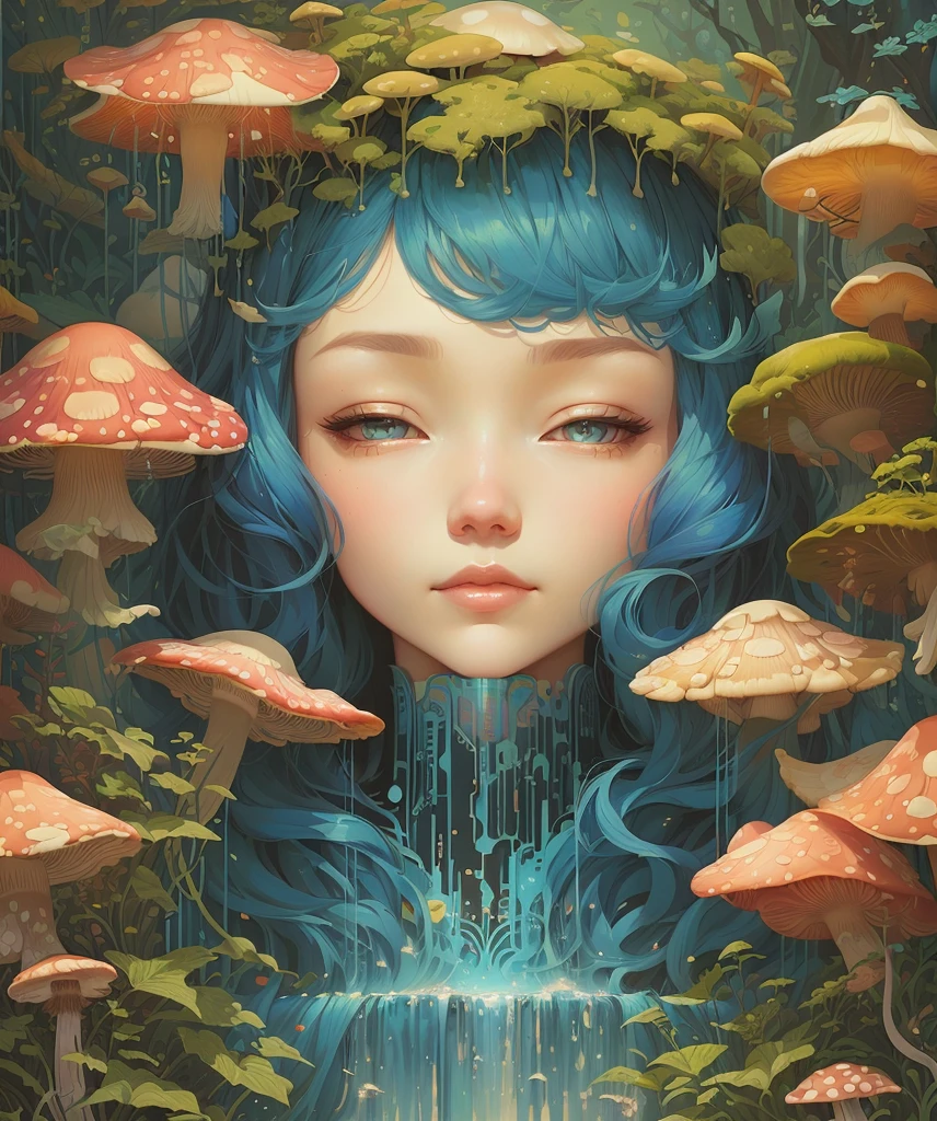 There is a blue-haired woman in the painting，Mushrooms all around, Beeple 和 Jeremiah Ketner, james jean 和 wlop, Loish |, casey weldon, pop surrealism art style, Ghibli Tom Bagshaw, A beautiful artistic illustration, by Loish, author：Audrey Kawasaki, Benjamin Lacombe, By Martin Johanna, Loish and wlop