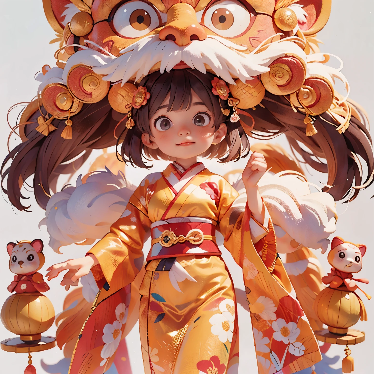 Grown up version, The picture shows a wonderrful japanese culture 。architectur, The stage set faces the traditional courtyard,Golden holiday banner hanging high,Looking forward to a gorgeous and mysterious lion dance performance。 in the center of the picture,The majestic lion dance is ready to try。Covered in golden fur,The body is decorated with red,(masterpiece,quality,Best quality,official art,Beauty and aesthetics:1.2),(1 cute girl:1.3),The content is very detailed,alone,CNY,(fractal art:1.1),(a color:1.1)(blooming flowers:1.3),most detailed,( tangled:1.2), (dynamic poses), (abstract background:1.3), (Japanese fabric:1.2), kimono,(skin glowing), (Many colors:1.4), Decorative painting:1.6,),brown hair,hair accessories, light,Ink painting and ink painting,ink,Double tail,Japanese clothes,edo period background