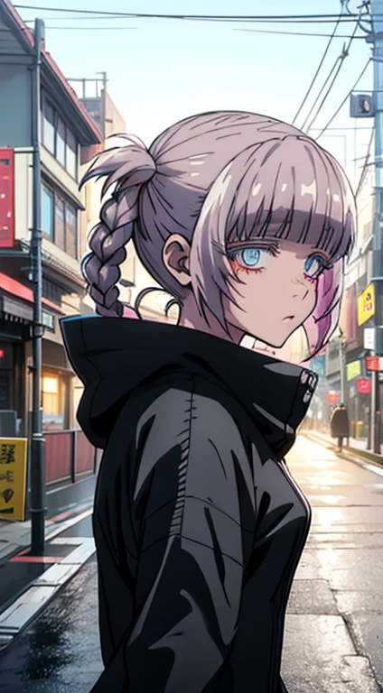 natta, Colorful cyberpunk city background, Raby, Street, housekeeper, Nazuna Nanakusa,yofukashi no uta, blue colored eyes, white hair bright eyes, blackstockings, back-illuminated, sheen, looking for public, Low-angle lens, staring overhead, lens, perfect composition, perfect delicacy of light and shadow, 8k