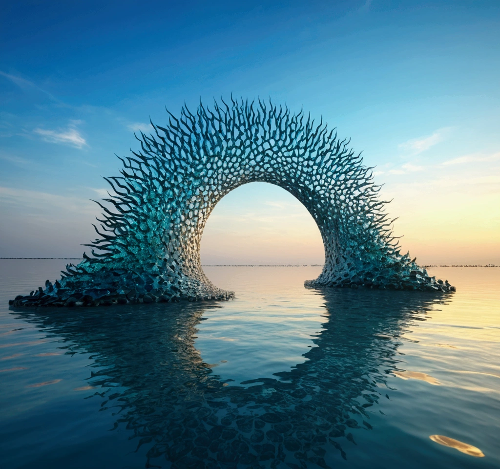 Under the Maha Samut OC sculpture rendering, Clear water,deep sea ,Points: , Morning atmosphere with sunlight, 4K