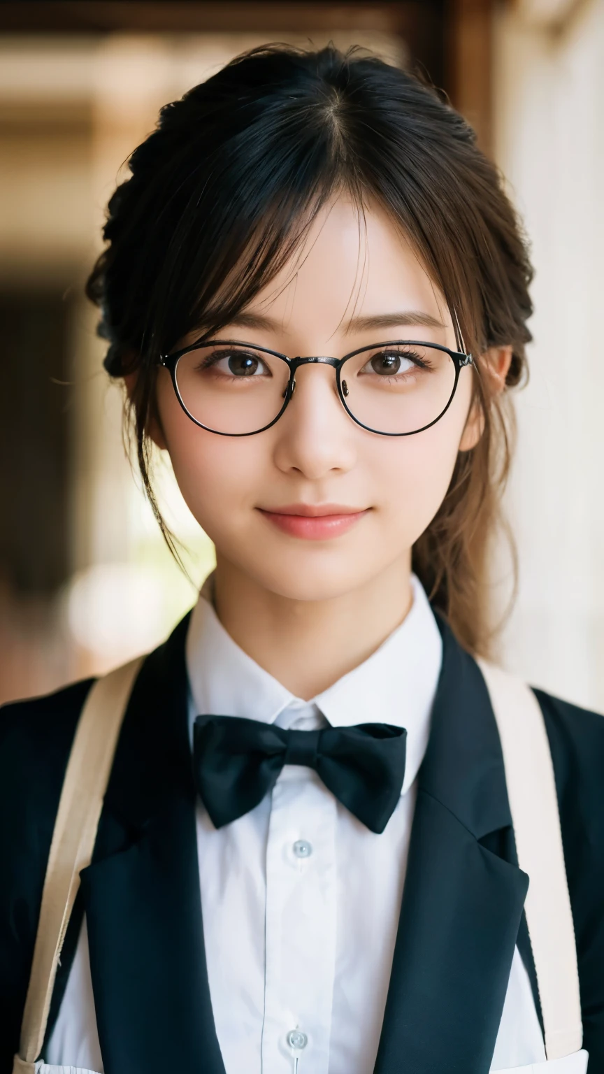 (Highest quality,masterpiece:1.3,Ultra-high resolution),(Very detailed,Caustics,8k),(Realistic:1.4,RAW shooting),A girl dressed as a butler,Japanese,boyish,smile,20-year-old,Short black hair,Glasses,Looking into the camera,Inside the Western-style building,Waist up shot,front,Face Focus,Face close-up,(Warm Light),Professional Writing