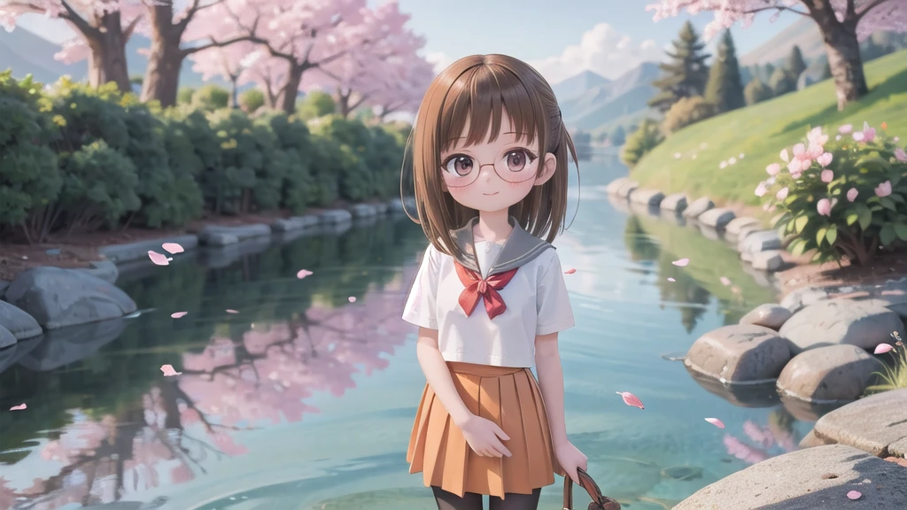 (masterpiece),  Outdoor,  cherry blossoms,  petal,  sunlight,  lake,  One Girl,  blush,  smile,  Medium Hair,  Sailor suit,Long skirt, Overgrown, petal, plant、Skirt lining、White slip、nostalgic、pantyhose（gray）、You can see the sea in the distance, Crotch close-up