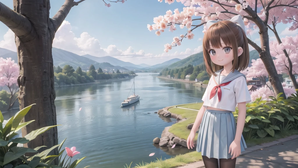 (masterpiece),  Outdoor,  cherry blossoms,  petal,  sunlight,  lake,  One Girl,  blush,  smile,  Medium Hair,  Sailor suit,Long skirt, Overgrown, petal, plant、Skirt lining、White slip、nostalgic、pantyhose（gray）、You can see the sea in the distance, Crotch close-up