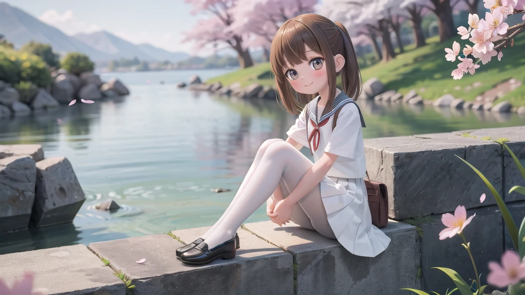 (masterpiece),  Outdoor,  cherry blossoms,  petal,  sunlight,  lake,  One Girl,  blush,  smile,  Medium Hair,  Sailor suit,Long skirt, Overgrown, petal, plant、Skirt lining、White slip、nostalgic、pantyhose（gray）、You can see the sea in the distance, Crotch close-up