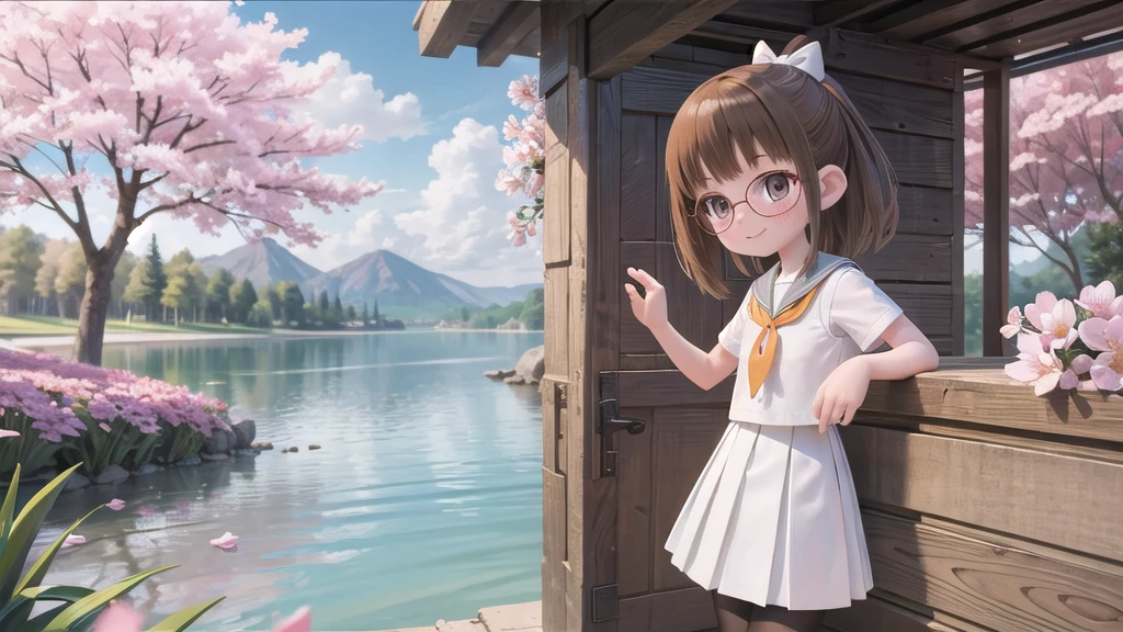 (masterpiece),  Outdoor,  cherry blossoms,  petal,  sunlight,  lake,  One Girl,  blush,  smile,  Medium Hair,  Sailor suit,Long skirt, Overgrown, petal, plant、Skirt lining、White slip、nostalgic、pantyhose（gray）、You can see the sea in the distance, Crotch close-up