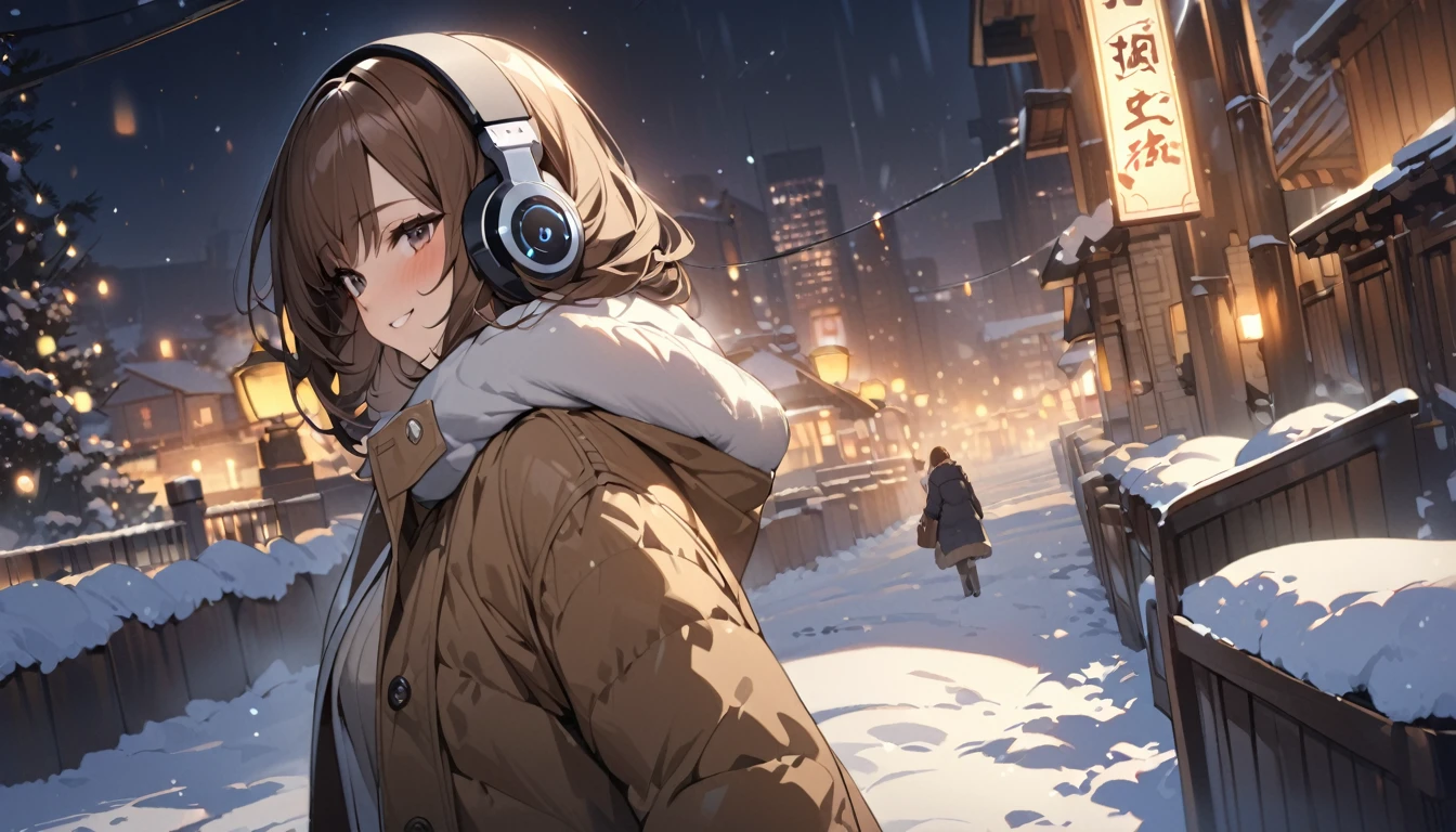 Brown-haired girl wearing headphones、Snowy Night - Highly detailed、masterpiece, Highest quality, Bright - against the backdrop of a snowy night skyline、Gentle smile、Warm coat、Walking in the snow
