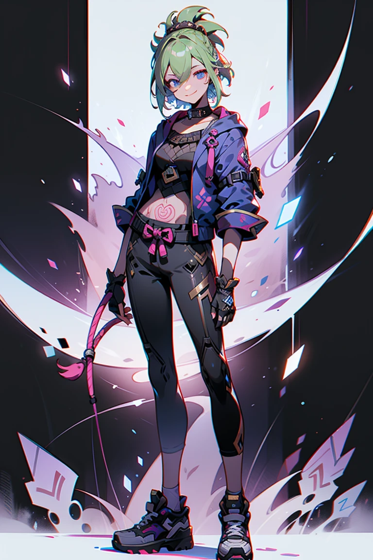 doom \(League of Legends\), 1girl is huge,Pixar style, Smilingly,Solitary, Weaving, Double braid, (blue long hair), Surprised eyes,Tattoo is, (Keep your eyes open:0.9),Look at the audience, Arm tattoo, Moderate, Watching_Shown in_Peeping at the audience, short_hair, Gloves, Umbilical cord, fail, blue_With eyes, eternal, full_Body, arms, Footwear, collar, Black_Gloves, Diaphragm, Hooded, hair_Exceed_Yin_With eyes, _top, hoodie, Black_Pants, sports shoes, 剪裁fail_jacket, ED_Shown in_pocket, Cyberpunk Characters, Cropping_hoodie