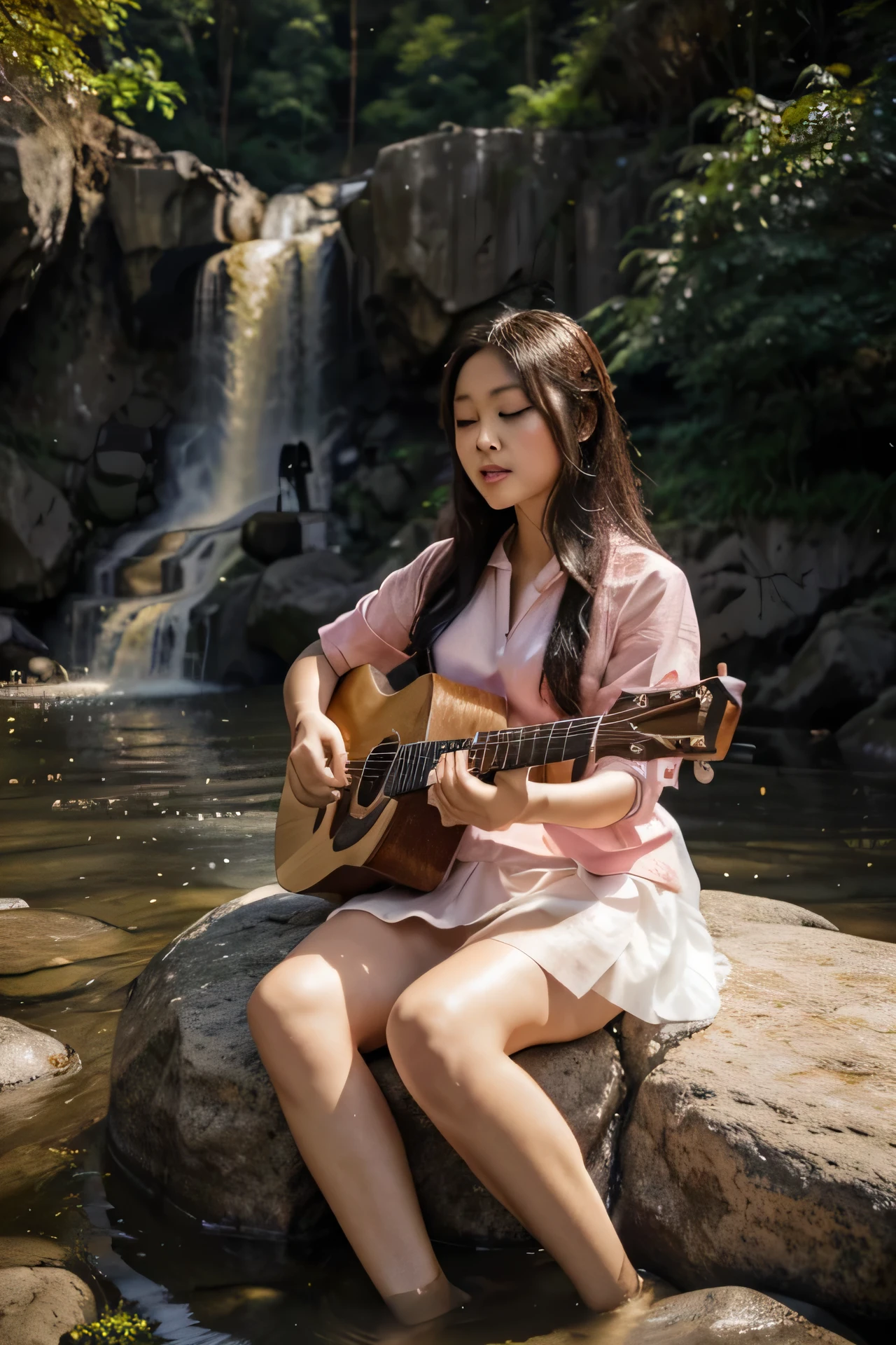 A beautiful Chinese woman dressed in pink shirt and long white skirt, playing a guitar on a rock by a waterfall. The scene is illuminated by the soft, golden sunlight, creating a serene and enchanting atmosphere. Image size is 3000X3000, High quality mode.