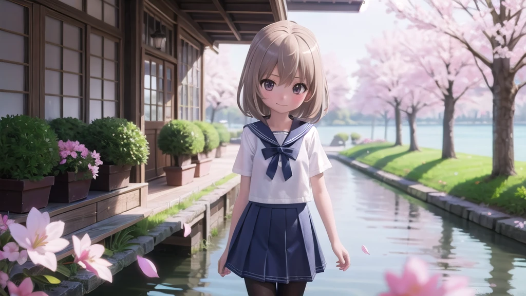 (masterpiece),  Outdoor,  cherry blossoms,  petal,  sunlight,  lake,  One Girl,  blush,  smile,  Medium Hair,  Sailor suit,Long skirt, Overgrown, petal, plant、Skirt lining、White slip、nostalgic、pantyhose（gray）、You can see the sea in the distance, Crotch close-up