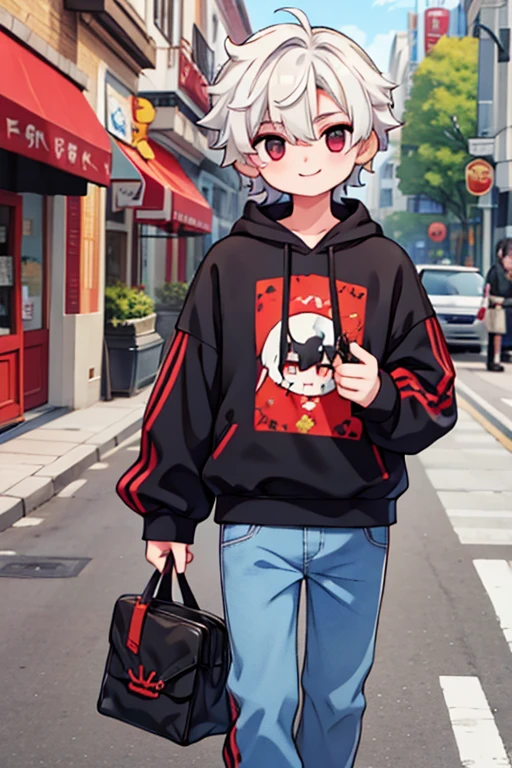 Young man with short white curly hair,Cao Cao,Eyes red,black sweatshirt and jeans,strolling,with a sweet smile